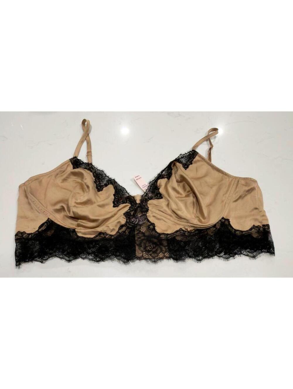 Victoria's Secret Satin Vintage Tan Rose Lace-Trim Bralette Size XXL